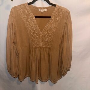 Solitaire Tan Embroidered V-Neck Tunic Blouse